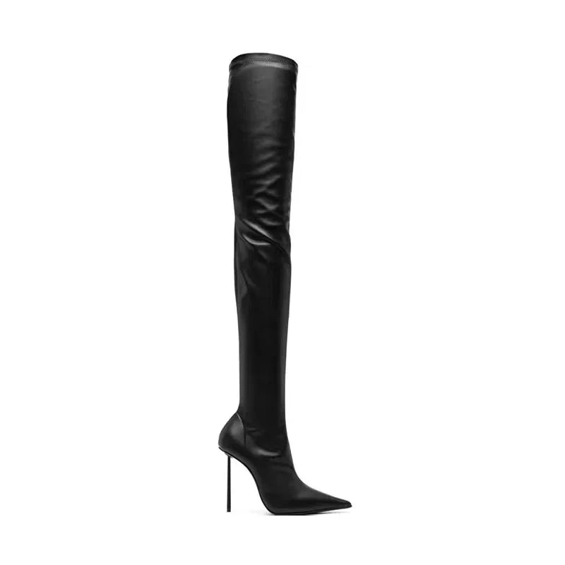 Women's Black Elastic Over-the-Knee Stiletto Heels Pointed Toe Slip-On Super High Heel Modern White Boots