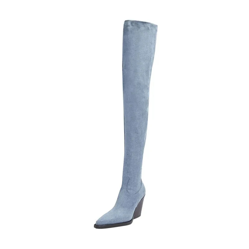 blue denim cowboy Thigh high Boots