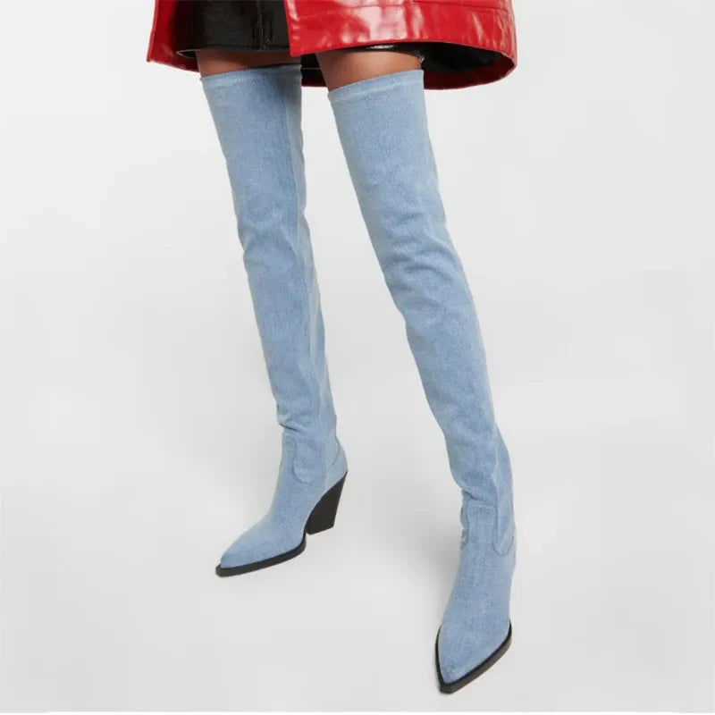 blue denim cowboy Thigh high Boots