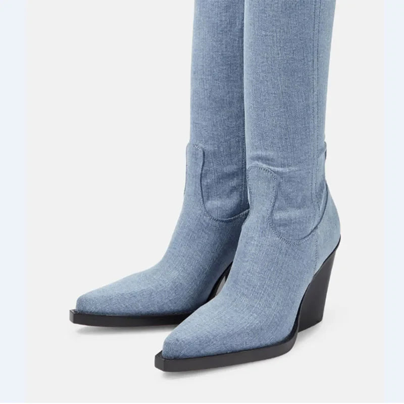 blue denim cowboy Thigh high Boots