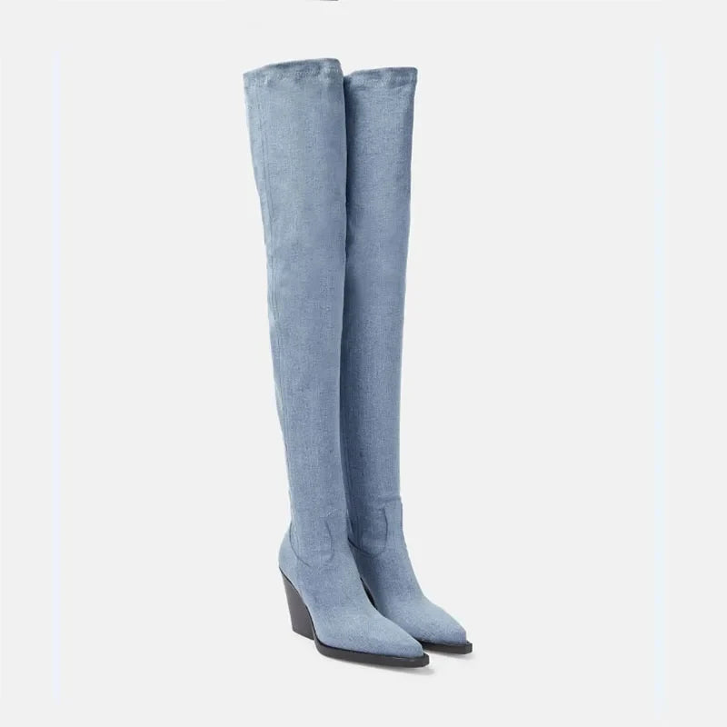 blue denim cowboy Thigh high Boots