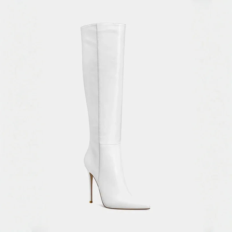 spring white knee high Pointed toe Back zipper Super high heel Skinny Boots