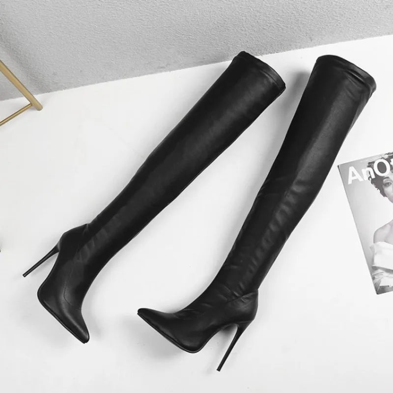 Black Leather Thigh High Boots