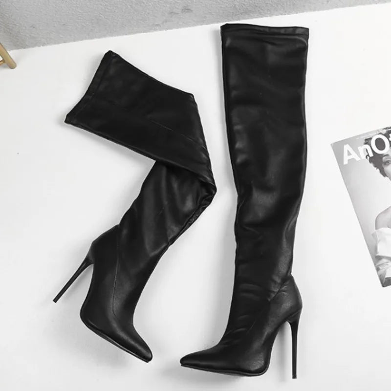Black Leather Thigh High Boots