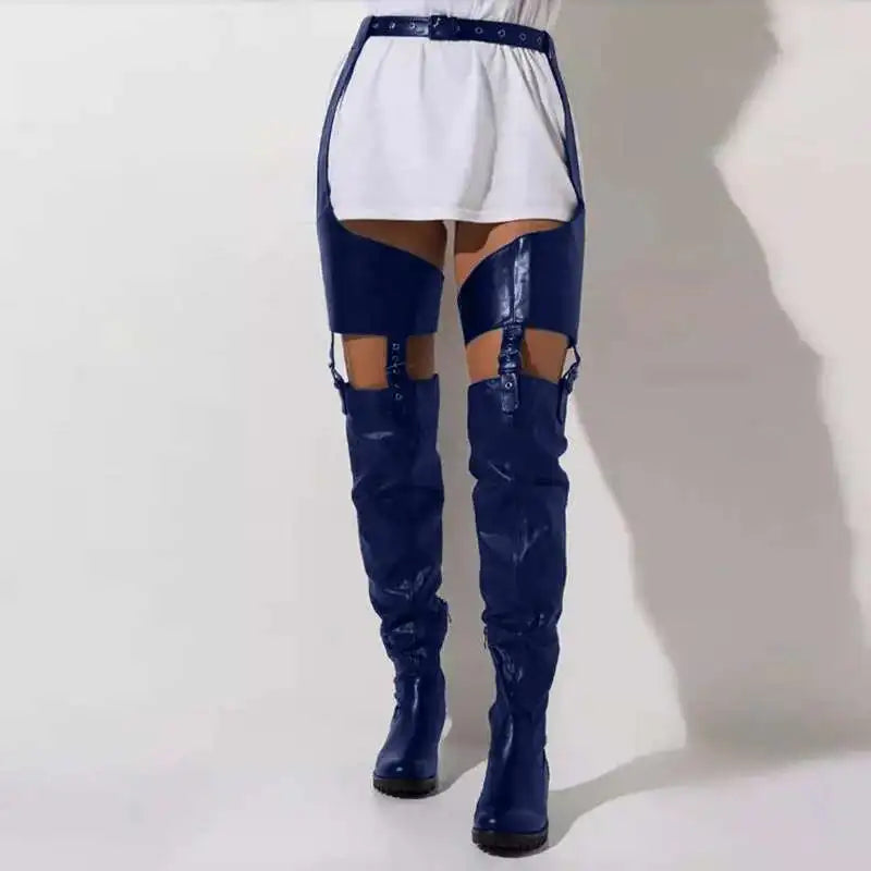 Black Low Heels Belt Thigh High Boots