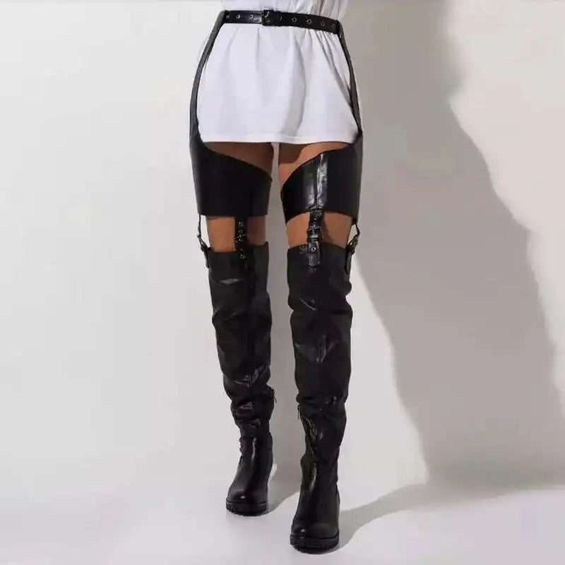Black Low Heels Belt Thigh High Boots