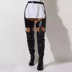 Black Low Heels Belt Thigh High Boots