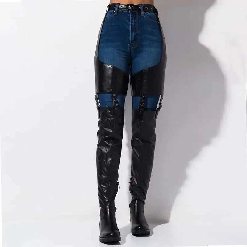 Black Low Heels Belt Thigh High Boots