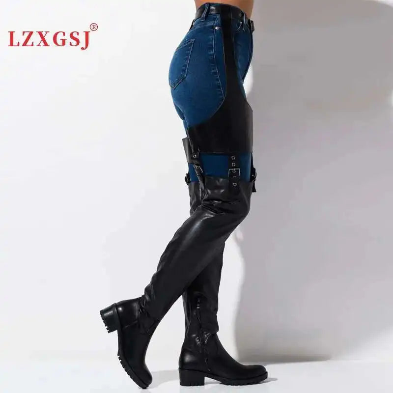 Black Low Heels Belt Thigh High Boots