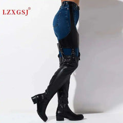 Black Low Heels Belt Thigh High Boots