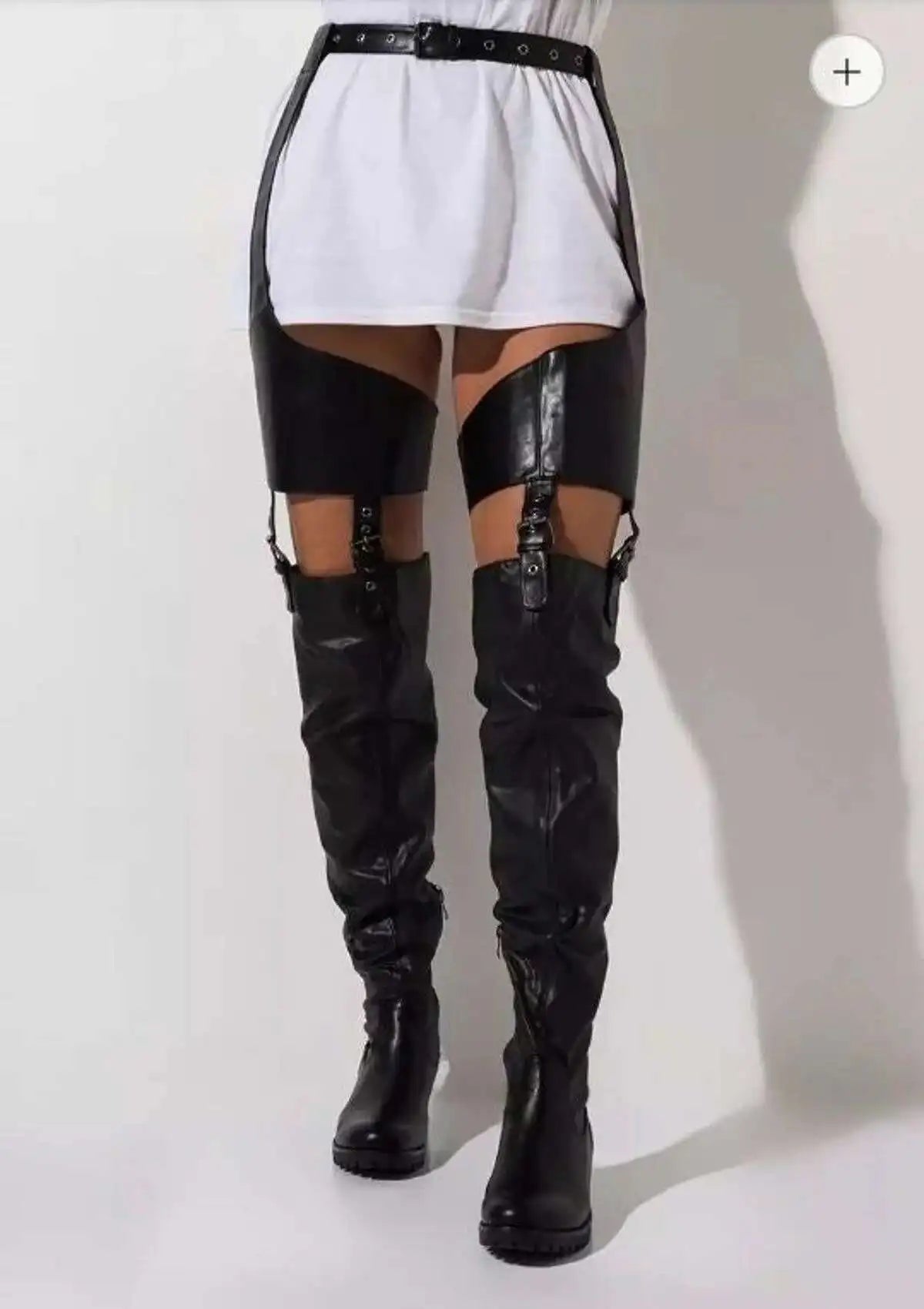 Black Low Heels Belt Thigh High Boots