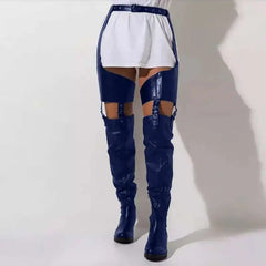Black Low Heels Belt Thigh High Boots