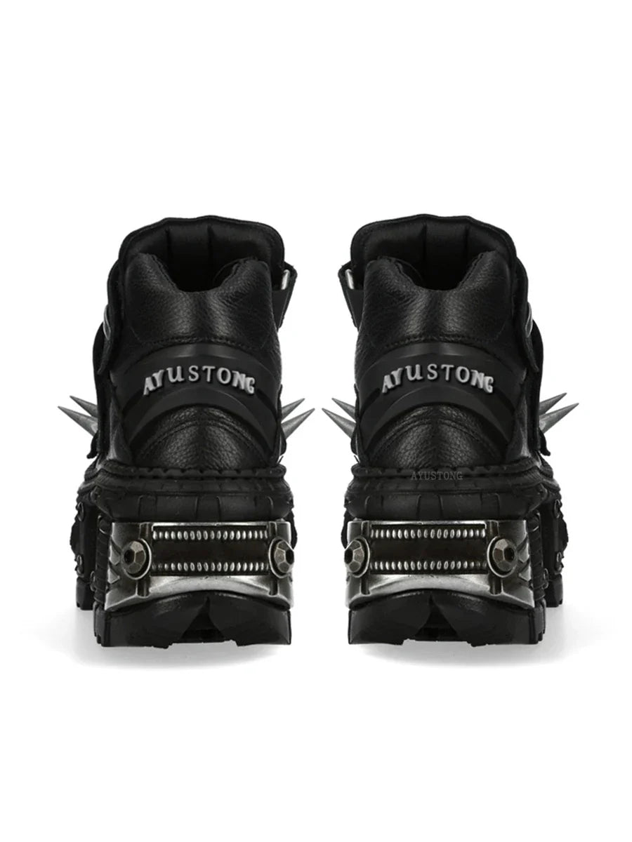 Black Thick Sole Spiked Rivet Motorcycle Boots