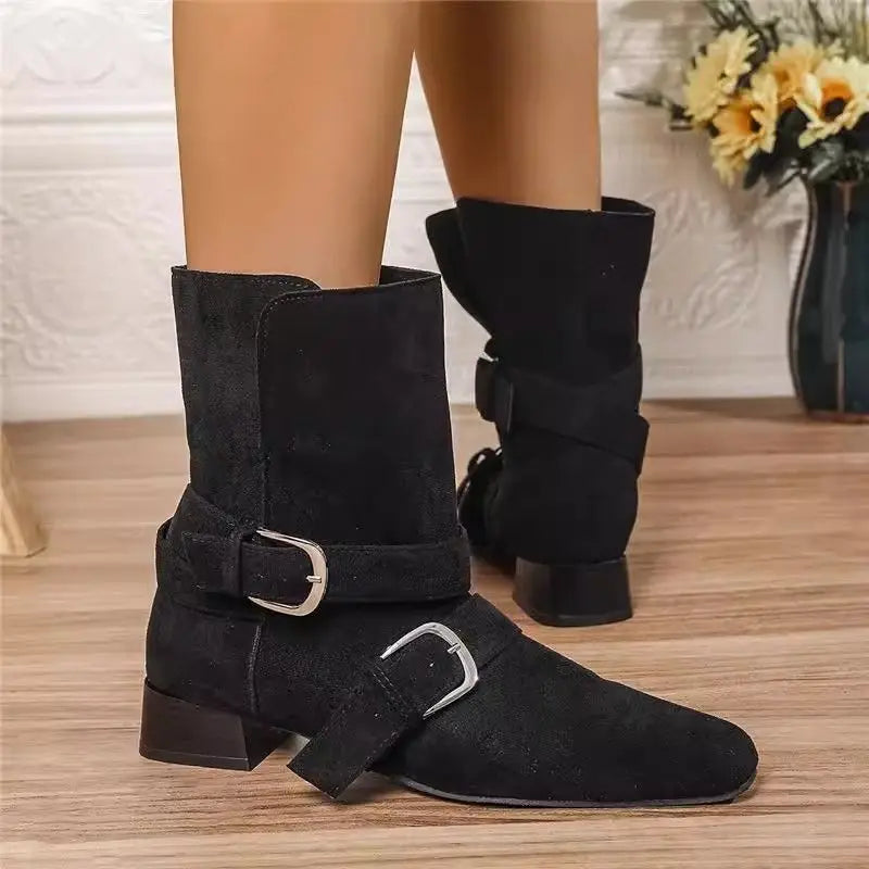 British Style Niche Design Small Round Toe Mid Length Boots