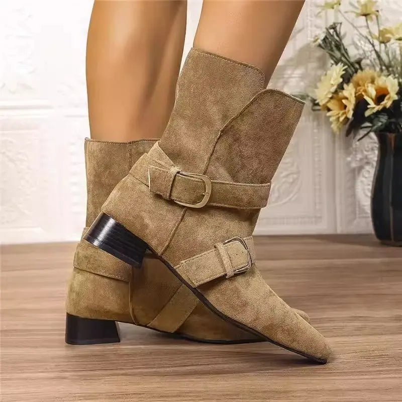 British Style Niche Design Small Round Toe Mid Length Boots