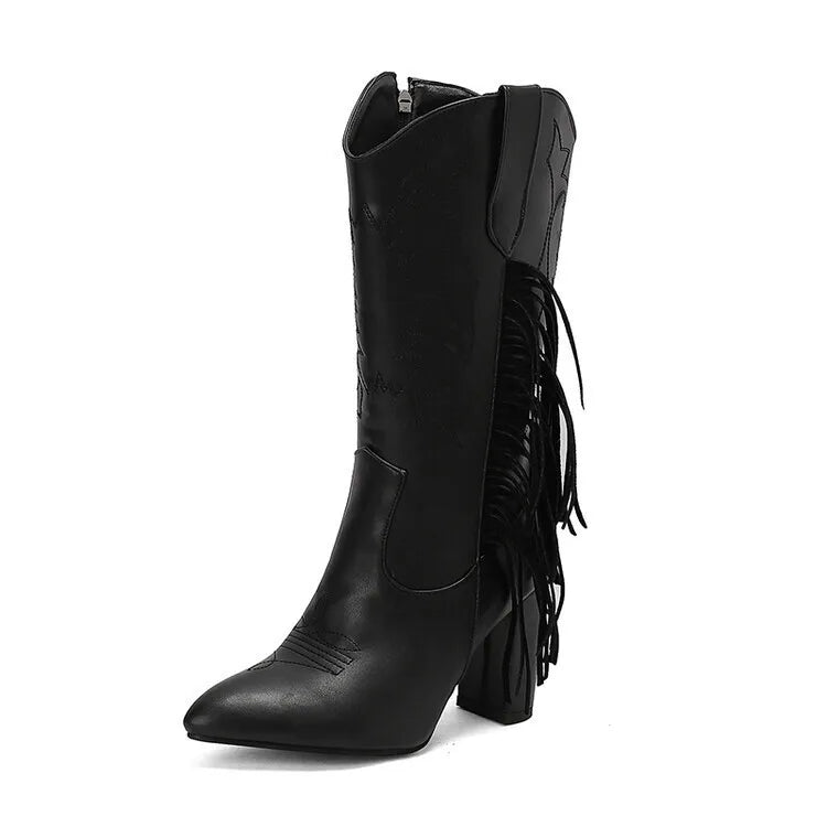 Brown Side Zipper Thick Heel Mid Boots