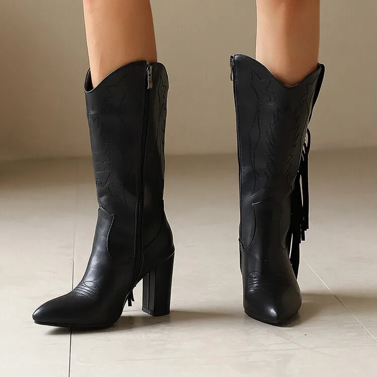 Brown Side Zipper Thick Heel Mid Boots