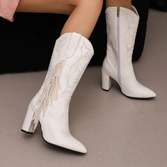 Brown Side Zipper Thick Heel Mid Boots