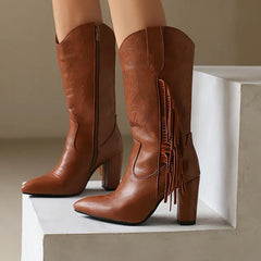 Brown Side Zipper Thick Heel Mid Boots