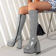 Checkered Pattern Platform Knee High Boots