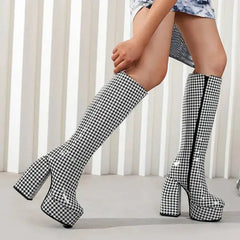 Checkered Pattern Platform Knee High Boots