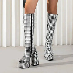 Checkered Pattern Platform Knee High Boots