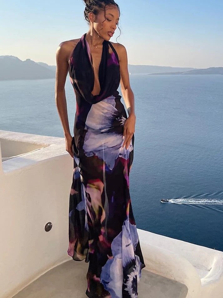 Low Back Halter Neck Floral-Print Mesh Maxi Dress
