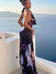 Low Back Halter Neck Floral-Print Mesh Maxi Dress