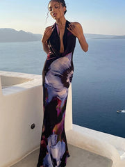Low Back Halter Neck Floral-Print Mesh Maxi Dress