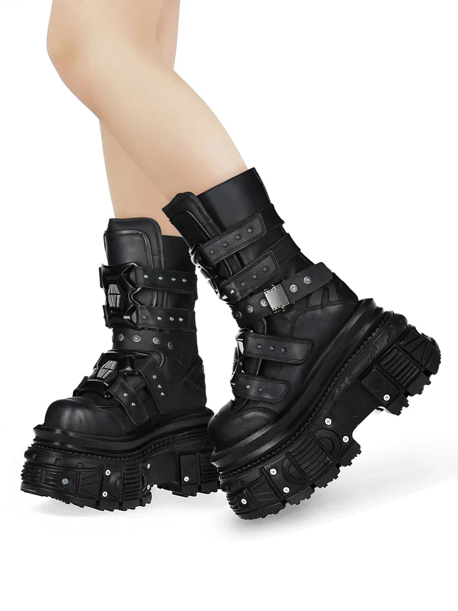Cyberpunk Metal Black Motorcycle Boots