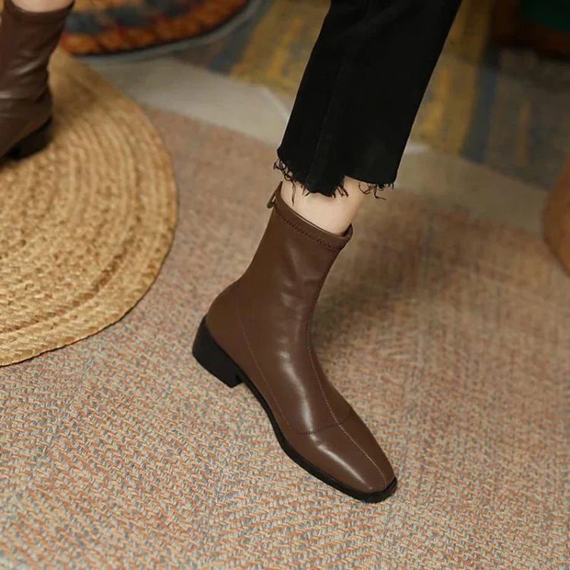 Designer Vintage Square Toe Women Slim Ankle Boots