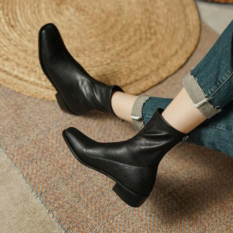 Designer Vintage Square Toe Women Slim Ankle Boots