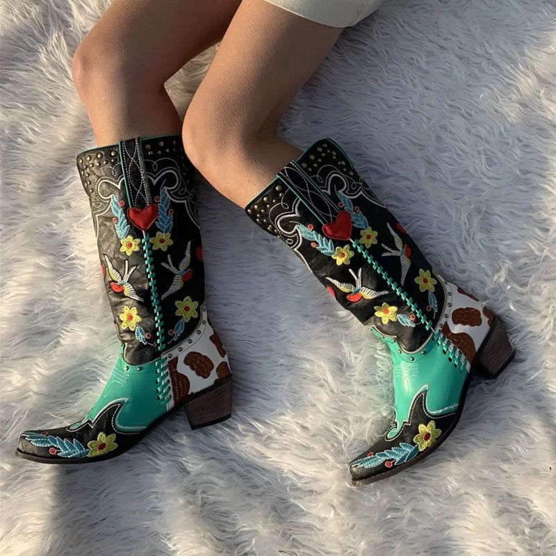 Embroidered Leather Women's Western Cowboy Boots