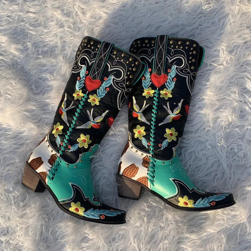 Embroidered Leather Women's Western Cowboy Boots