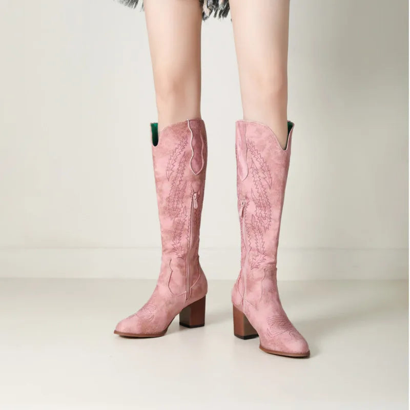 Pink Embroidery Western Boots