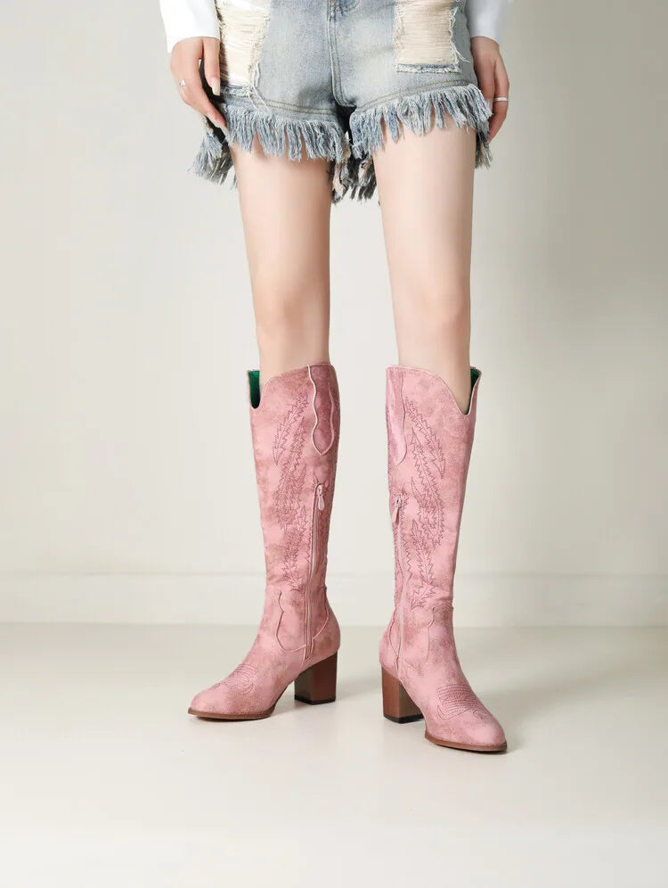 Pink Embroidery Western Boots