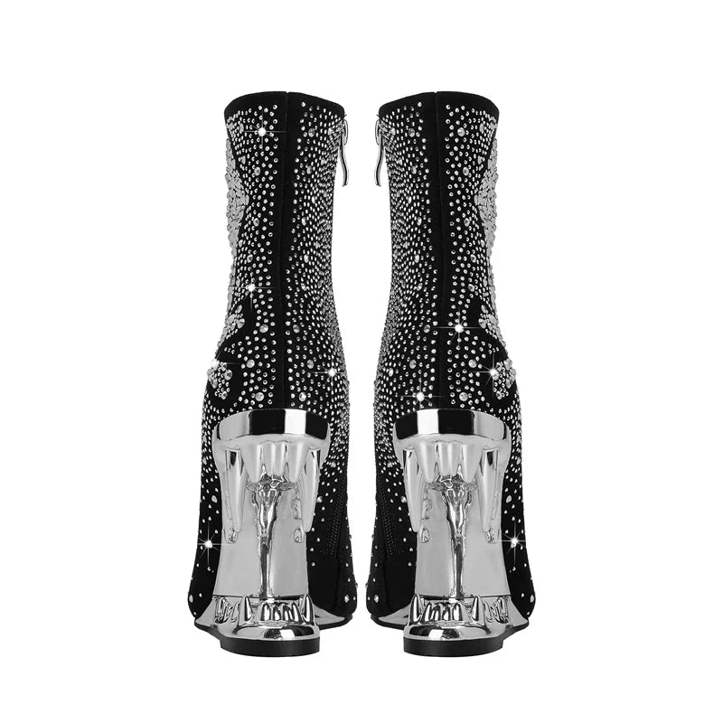 Kakay's Water Diamond Super High Heel Wolf Teeth Tiger Teeth Shaped Heel Women's Short Boots