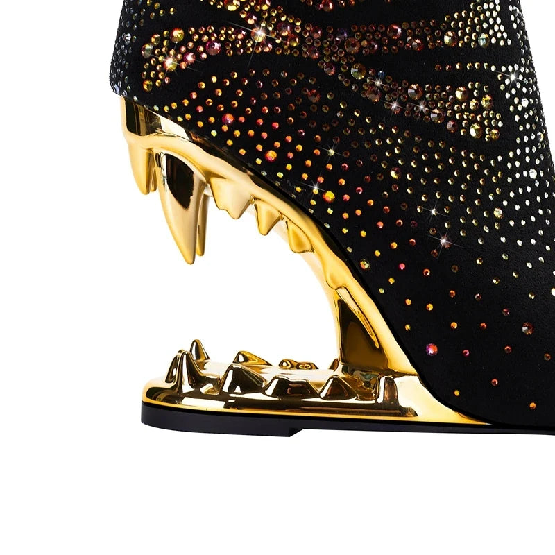 Kakay's Water Diamond Super High Heel Wolf Teeth Tiger Teeth Shaped Heel Women's Short Boots