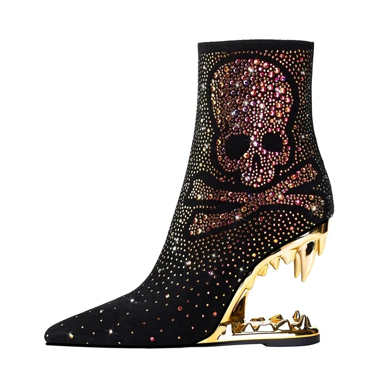 Kakay's Water Diamond Super High Heel Wolf Teeth Tiger Teeth Shaped Heel Women's Short Boots
