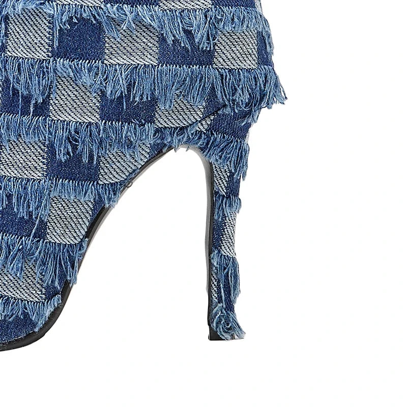 Kaky's Denim Pointed High Heel Plaid Oversized Women's Boots