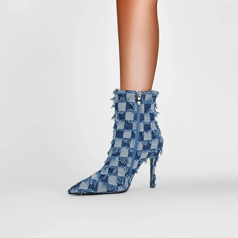 Kaky's Denim Pointed High Heel Plaid Oversized Women's Boots