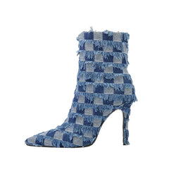 Kaky's Denim Pointed High Heel Plaid Oversized Women's Boots