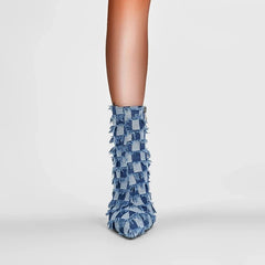 Kaky's Denim Pointed High Heel Plaid Oversized Women's Boots