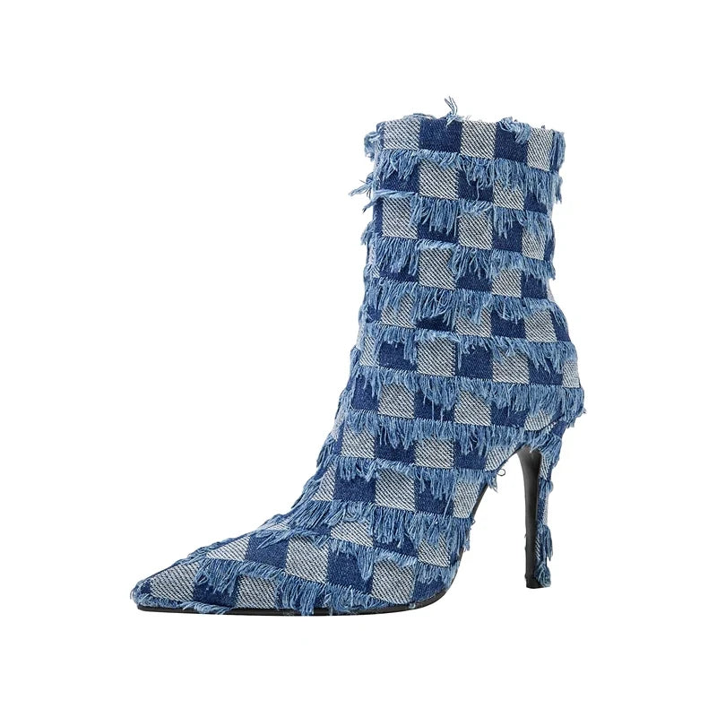 Kaky's Denim Pointed High Heel Plaid Oversized Women's Boots