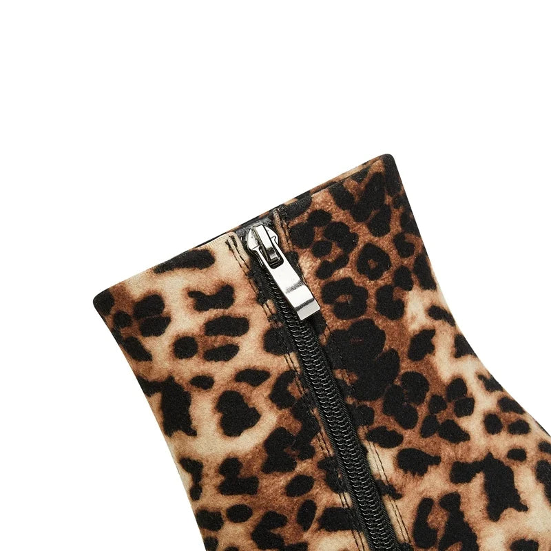 Kaky's Leopard Print Pointed Toe High Heel Wolf Teeth Slope Heel Large Women's Boots