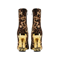 Kaky's Leopard Print Pointed Toe High Heel Wolf Teeth Slope Heel Large Women's Boots