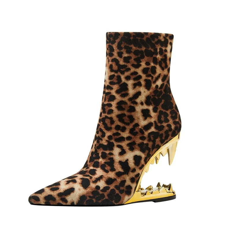 Kaky's Leopard Print Pointed Toe High Heel Wolf Teeth Slope Heel Large Women's Boots
