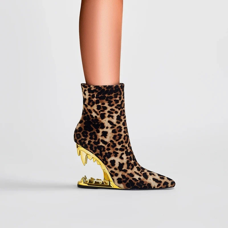 Kaky's Leopard Print Pointed Toe High Heel Wolf Teeth Slope Heel Large Women's Boots