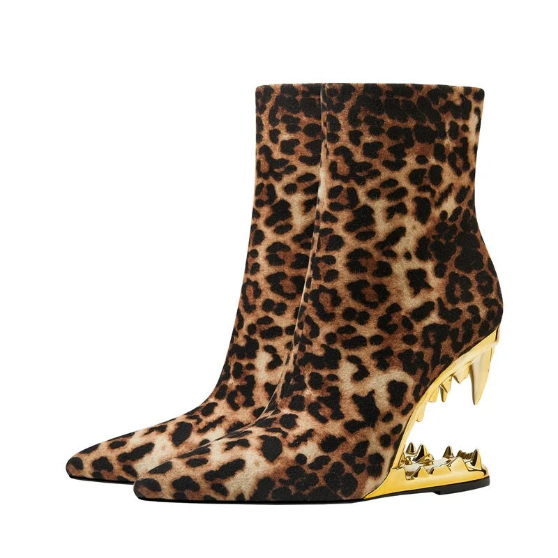 Kaky's Leopard Print Pointed Toe High Heel Wolf Teeth Slope Heel Large Women's Boots