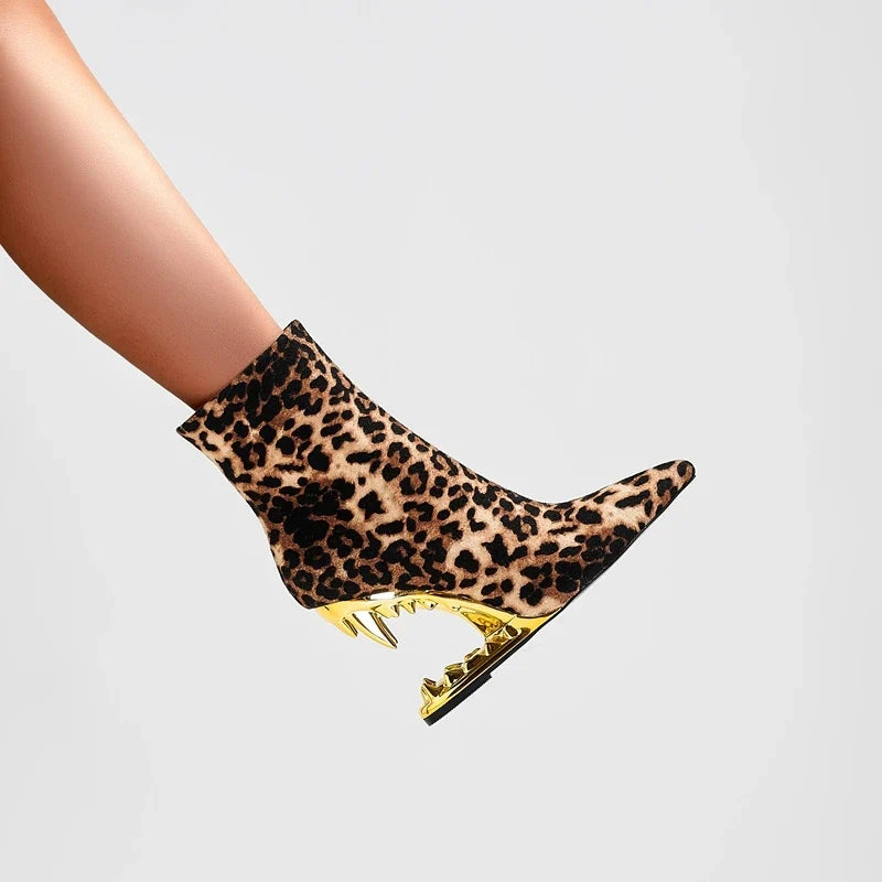 Kaky's Leopard Print Pointed Toe High Heel Wolf Teeth Slope Heel Large Women's Boots